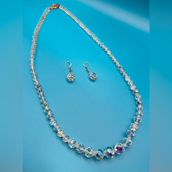 Vintage 1950s Aurora Borealis Faceted Bead Necklace Pierced Earring Set - Picture 7 of 12